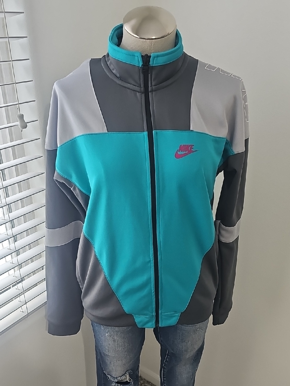 Nike Women's Teal and Gray Colorblock Bomber Jacket